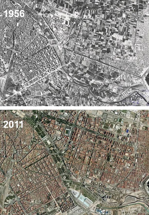 Selon une analyse effectuée par le géographe Víctor Soriano, ce ne sont pas moins de 9 000 hectares de vergers qui ont disparu de la région de Valence entre 1956 et 2011 (photo). Ces arbres fruitiers ont été éradiqués sous l’action de l’urbanisation. Toujours selon ses calculs, le géographe estime que la disparition de ces 9 000 ha a contribué au ruissellement de 13 500 000 m3 d’eau supplémentaires par rapport aux vergers. C’est donc l’équivalent de 5 400 piscines olympiques qui se sont déversées en plus dans les rues et les maisons et qui ont aggravé cette inondation et ses conséquences. Selon le site l’association espagnole des exportateurs (www.fepex.es), il est impossible de quantifier les dommages dans les zones touchées à Valence. « Il est même impossible de pénétrer dans les zones de culture (principalement en arboriculture et en maraîchage N.D.L.R.) et les entrepôts et installations agricoles ». Selon les données fournies par le COAG, les agriculteurs de la région de Requena-Utiel, ont perdu « 35 000 hectares de vignobles et 5 000 d'amandiers ». Ceux de Valence et ses environs « ont perdu 100 % de la production de kaki et de mandarine ».