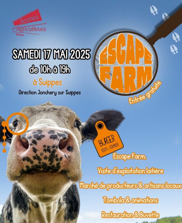 Reims La Marne Agricole Suippes : Escape Farm, une journée dans la peau d’un éleveur laitier le samedi 17 mai Le 17 mai prochain, les Jeunes Agriculteurs de la Marne proposent un tout nouvel événement : Escape Farm. Sur une exploitation laitière à Suippes, le public est invité à découvrir l’agriculture autrement, au fil d’un jeu de piste géant, d’un marché de producteurs, d’animations. Un rendez-vous gratuit, familial et convivial.