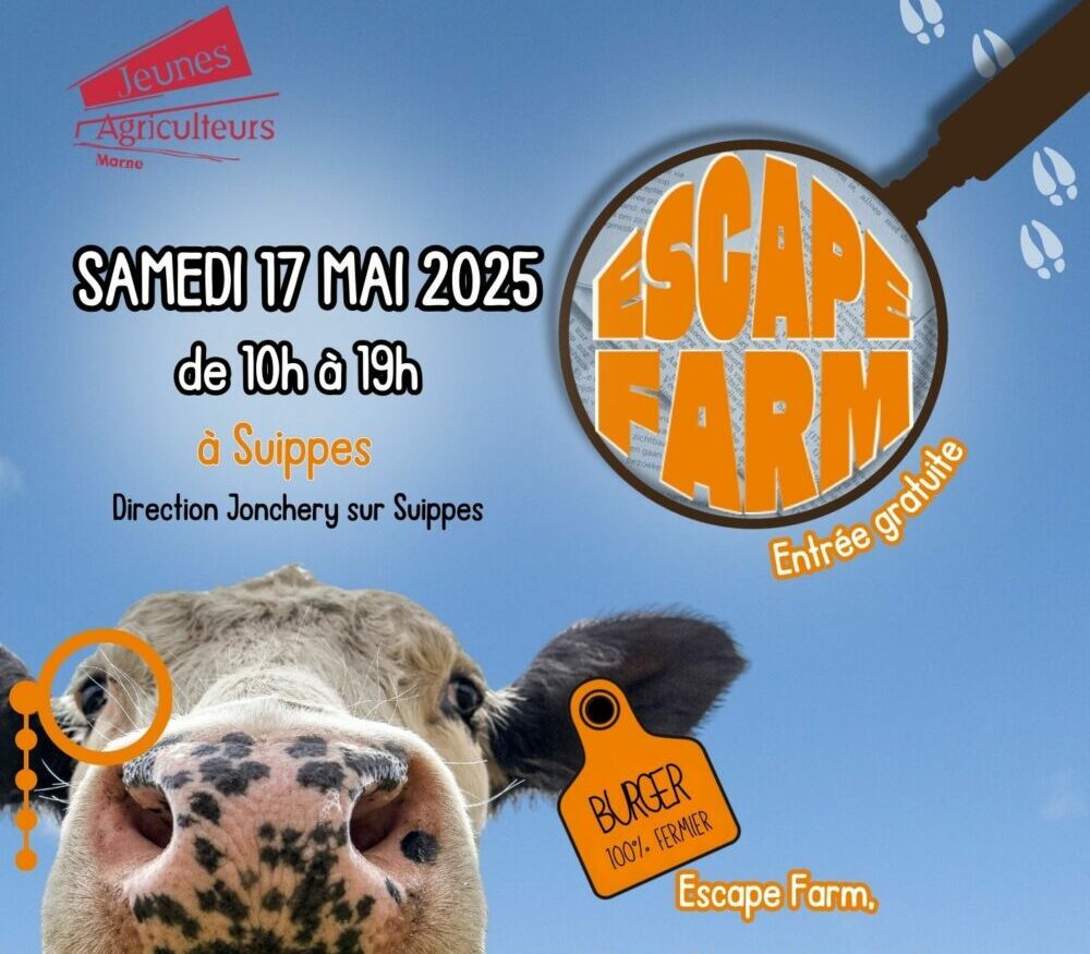 Reims La Marne Agricole Suippes : Escape Farm, une journée dans la peau d’un éleveur laitier le samedi 17 mai Le 17 mai prochain, les Jeunes Agriculteurs de la Marne proposent un tout nouvel événement : Escape Farm. Sur une exploitation laitière à Suippes, le public est invité à découvrir l’agriculture autrement, au fil d’un jeu de piste géant, d’un marché de producteurs, d’animations. Un rendez-vous gratuit, familial et convivial.
